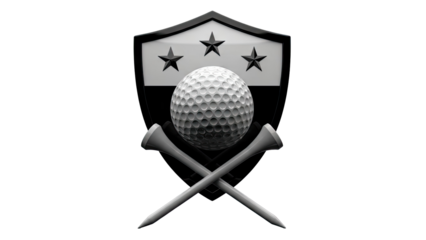 Golf Emblem: Shield, Ball, Tees, and Stars