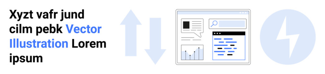 Data exchange, cloud services, connectivity, information flow, web browsing, digital icons. Two arrows between a web interface and a lightning bolt. Data exchange and cloud services concept