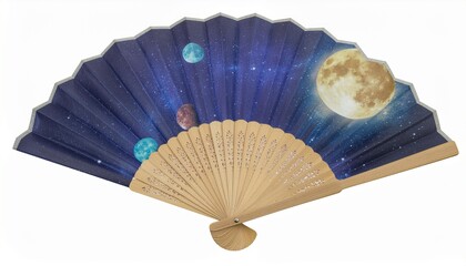 月と惑星が輝く夜空の和扇子：Moon and Planets Japanese Fan

