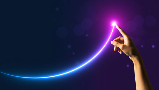 上昇する光の矢印を指差す手、ビジネスの成長と成功を象徴するコピースペース付きコンセプト背景素材