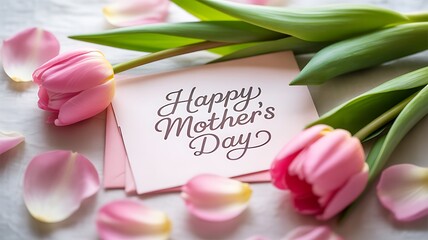 Happy Mothers Day greeting card with pink tulips and petals on textured surface