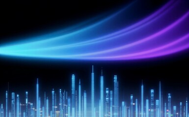 Blue and purple light beams above digital cityscape of glowing skyscrapers.