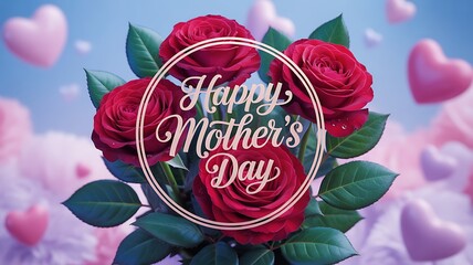 Happy Mothers Day greeting card with vibrant red roses and floating pink hearts