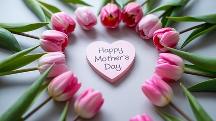Happy Mothers Day heart with delicate pink tulips