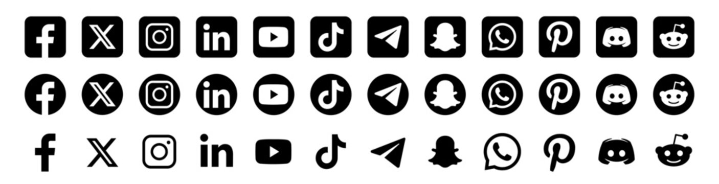 Black and white social media icons collection includes isolated vector logos.