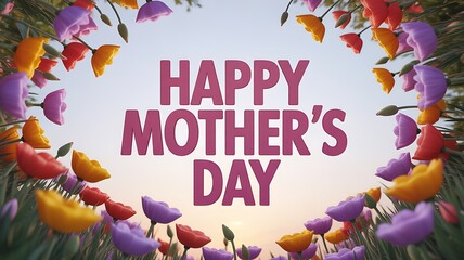 Happy Mothers Day text with colorful tulips sunset background