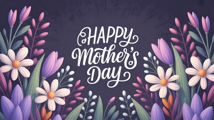 Happy Mothers Day text with colorful stylized flowers dark background