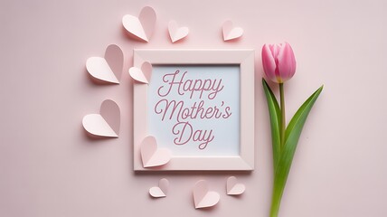 Heartfelt Mothers Day wish displayed in a simple frame adorned with paper hearts and a blooming tulip