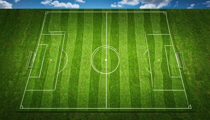 Aerial View of a Professional Green Football (Soccer) Field with White Markings and Striped Grass Under Blue Sky