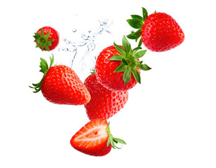 Strawberries Falling with Splash on Black Background