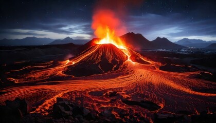 Volcanic Eruption at Night - Fiery Lava Flow and Dramatic Landscape.