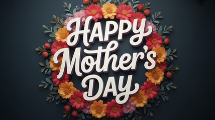 Beautiful dimensional Happy Mothers Day text surrounded by a vibrant, lush, colorful floral wreath on dark surface