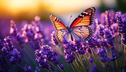 Monarch butterfly gracefully rests on vibrant purple lavender flowers.