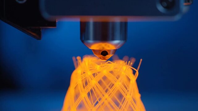 Close-up of 3D printing process, creating orange object with advanced technology on blue background, focus on detail and manufacturing.
