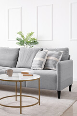 Fototapeta premium Interior of light living room with grey sofa and coffee table