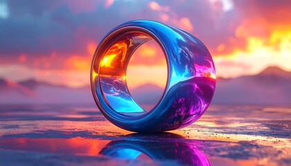 A large, metallic, torus-shaped object reflects vibrant sunset colors on a smooth surface with distant mountains under a cloudy sky