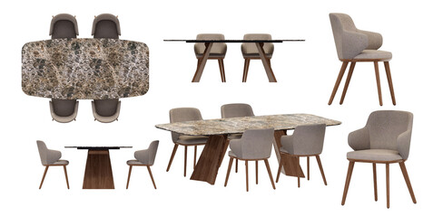 3D render of a dining table and chair furniture set on a transparent background