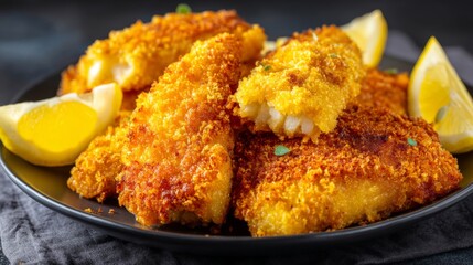 Crispy Fried Fish Fillets with Golden Breadcrumb Coating and Fresh Lemon Slices on Dark Plate for Delicious Culinary Presentation