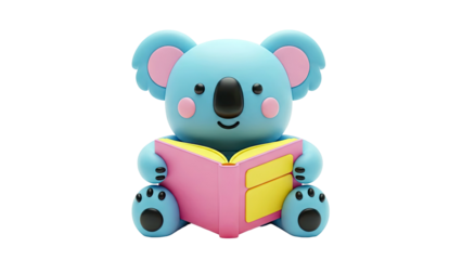 Cute blue cartoon koala reading a pink and yellow book