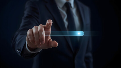 Businessman touching futuristic light bar, digital interface and loading progress concept for data technology