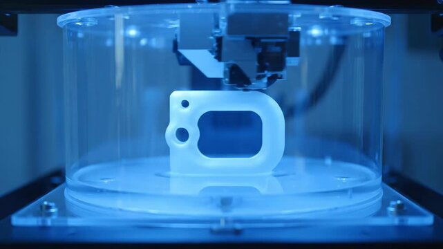 Close up of 3D printer creating white object. Technology, manufacturing, innovation, futuristic, industrial, design, and prototype.