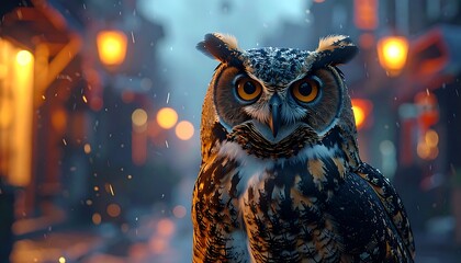 A majestic owl with piercing eyes stares intently, set against a blurred background of a street scene illuminated by warm lights