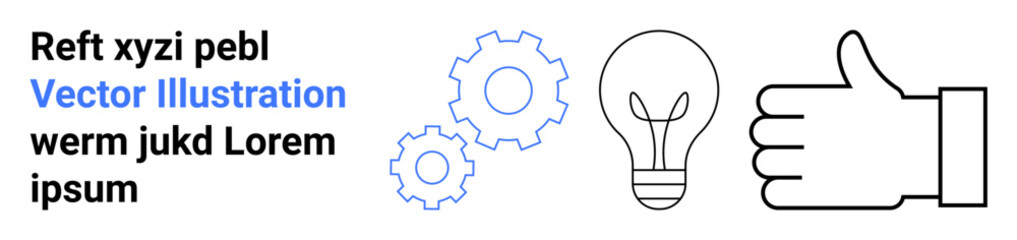 Fototapeta premium Innovation, teamwork, positive feedback, creativity, progress, problem-solving. Two gears, a lightbulb and a thumbs up icon. Innovation and teamwork demonstrated through iconic symbols