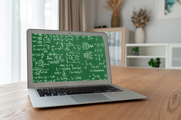Mathematic equations and modish formula on computer screen showing concept of science and education
