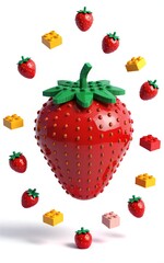 Fototapeta premium Lego strawberries in red, green and purple hues, detailed textures, playful fruit design.
