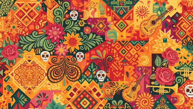 Vibrant seamless pattern of colorful Mexican themed designs for backgrounds