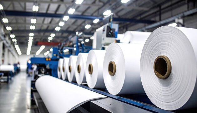 Large white rolls of material on conveyor belt in a modern industrial factory production line