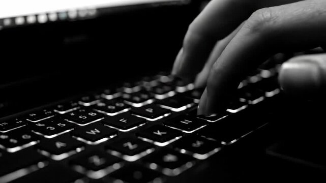 Close-up of person typing on a laptop keyboard, illuminated keys, technology. Working with computer. Using the keyboard for work, online, and communication.