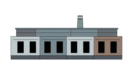 Flat vector illustration of a modern industrial building. Features a clean architectural facade with uniform dark windows and a chimney, representing urban infrastructure concepts