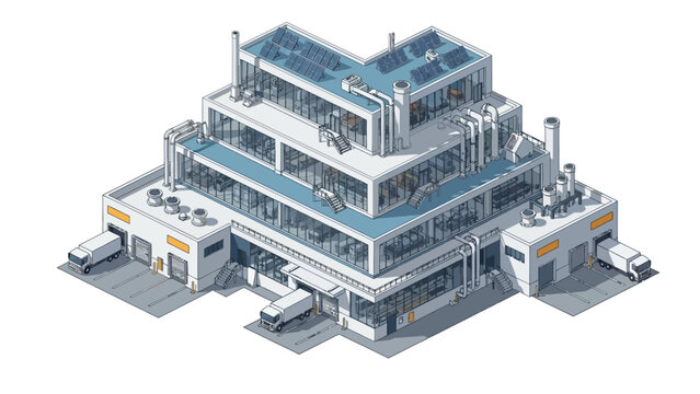 Modern multi-level industrial building in isometric view with solar panels. Represents sustainable manufacturing, efficient logistics, and innovative business