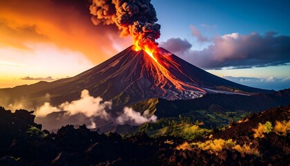 A majestic volcano erupts, spewing lava and ash into a colorful sunset sky. The landscape below is diverse