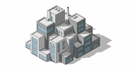 Isometric illustration of a modern factory complex, depicting a cluster of interconnected grey industrial buildings with blue windows, symbolizing contemporary manufacturing and production facilities
