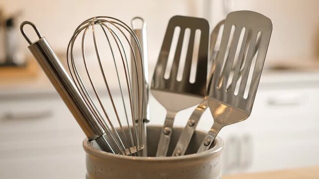 Kitchen tools featuring spatulas and whisk in ceramic holder on wooden countertop in kitchen background.