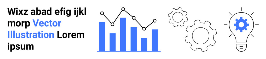 Data analysis, business strategy, innovation, conceptual thinking, problem solving, process optimization. Bar graph, line chart gears and light bulb design. Data analysis and innovation concept