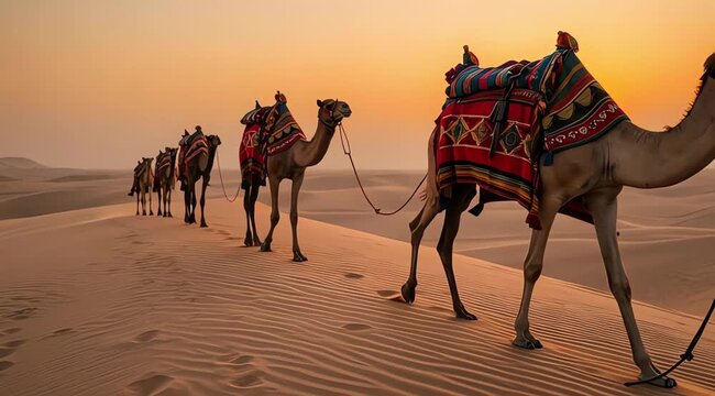Caravan of Decorated Camels in Desert at Sunrise &ndash; Indian Culture and Tradition