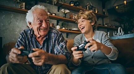 A joyful grandfather and his grandson laugh while playing video games together on the sofa, sharing a happy moment of bonding and fun