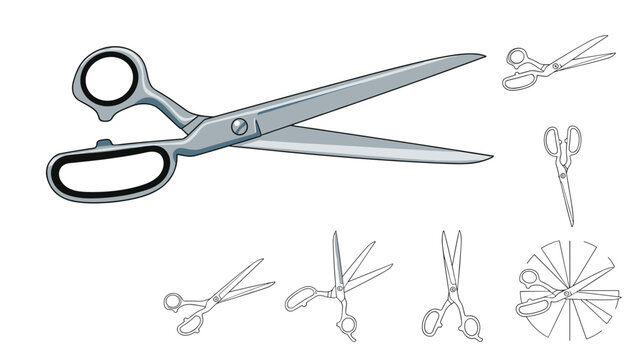 Tailor scissors icon set featuring a detailed metallic illustration and several smaller versions with silhouettes and line art styles.