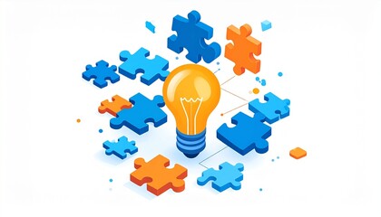 Creative business solution with puzzle pieces and light bulb