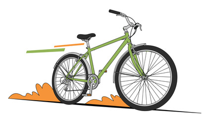 Fototapeta premium Green city bicycle shown moving quickly with stylized orange dust or speed lines behind it on a white background.