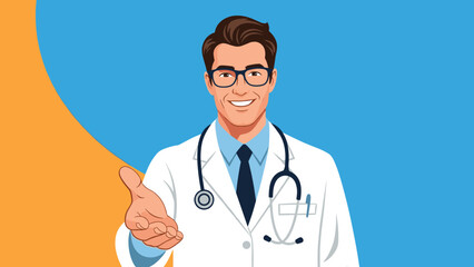 Fototapeta premium Friendly male doctor in a white lab coat and stethoscope smiling and reaching his hand out as if to greet a patient or offer help.