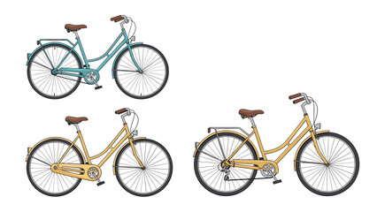 Obraz premium Set of three classic vintage style bicycles in teal and tan colors featuring traditional frames and brown seats and handles.