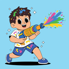 Fototapeta premium Boy Playing Holi with Colorful Water Gun