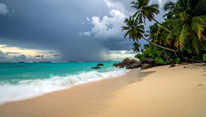 Fototapeta premium A scenic coastal view features a sandy beach, turquoise waters, palm trees, and a looming storm cloud overhead