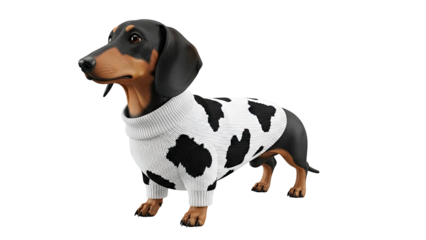 Dachshund wearing a cow-print sweater
