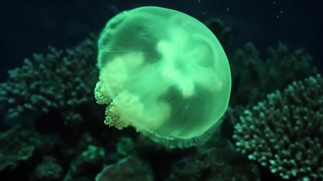 A captivating bioluminescent jellyfish pulsates gracefully through the dark depths of the ocean, its ethereal green glow illuminating the surrounding deep-sea environment. The translucent creature dri