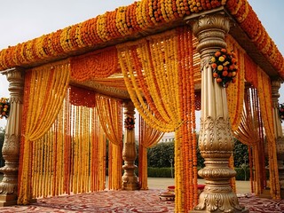 Exquisite floral mandap decoration adorned with vivid orange marigolds